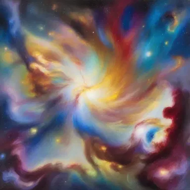 The painting depicted a chaotic explosion of ylem giving birth to intricate galaxies and stars.