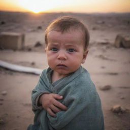 A newborn baby boy named Ghaith, held securely amidst a backdrop of a war-torn homeland, waiting for the dawn of victory.