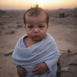 A newborn baby boy named Ghaith, held securely amidst a backdrop of a war-torn homeland, waiting for the dawn of victory.