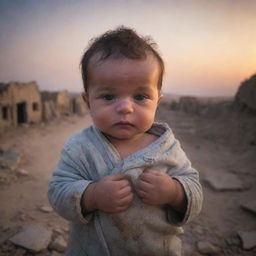 A newborn baby boy named Ghaith, held securely amidst a backdrop of a war-torn homeland, waiting for the dawn of victory.