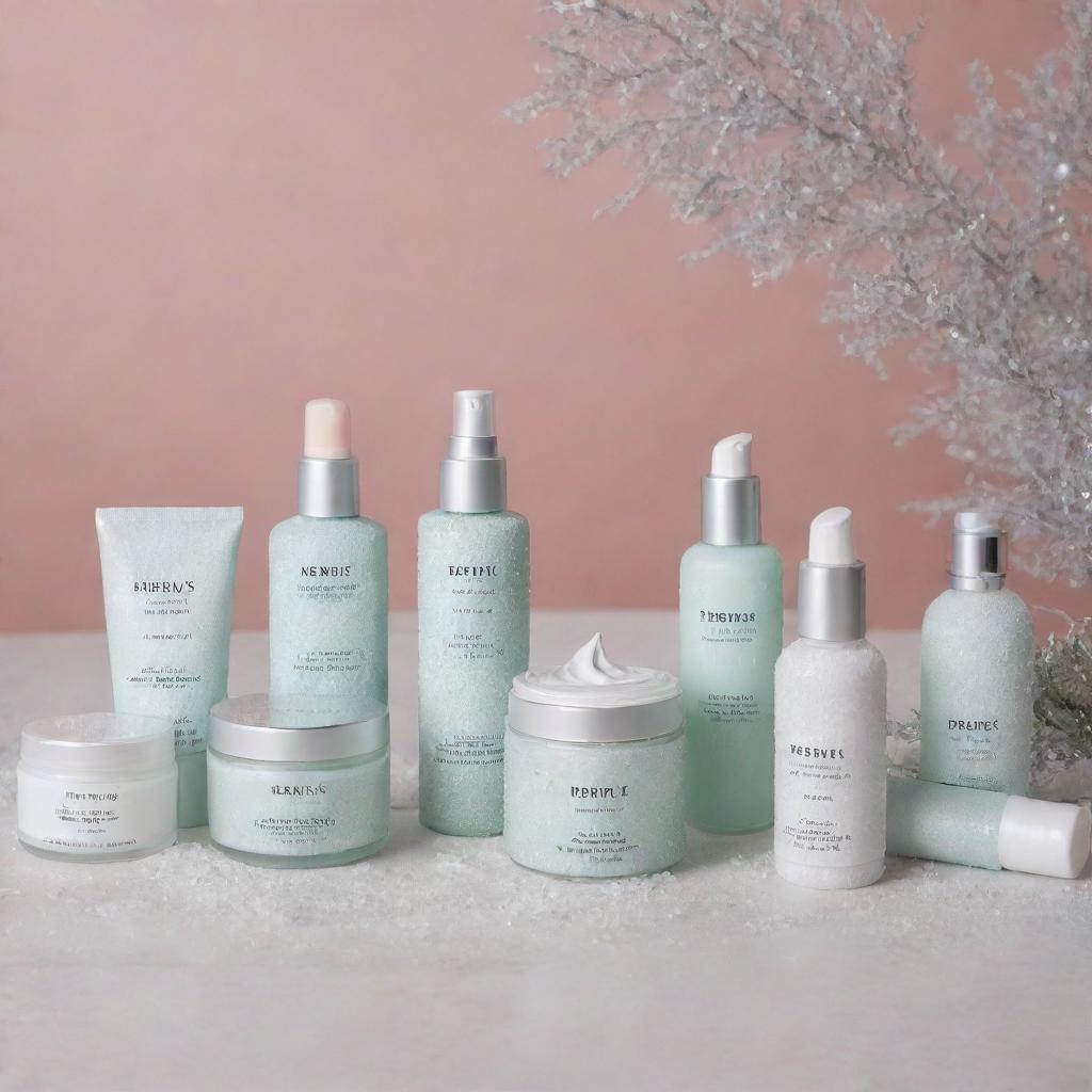 Beryl's skincare brand products artfully arranged with snowy ornaments and luminous crystals