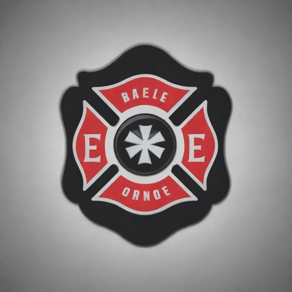 Create a logo named 'Engine One' featuring a Maltese cross design with a first responder or fire fighter theme. Integrate elements of axe throwing, an axe throwing target, and a pool ball. Use a color palette of red, black, and grey.