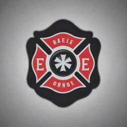 Create a logo named 'Engine One' featuring a Maltese cross design with a first responder or fire fighter theme. Integrate elements of axe throwing, an axe throwing target, and a pool ball. Use a color palette of red, black, and grey.