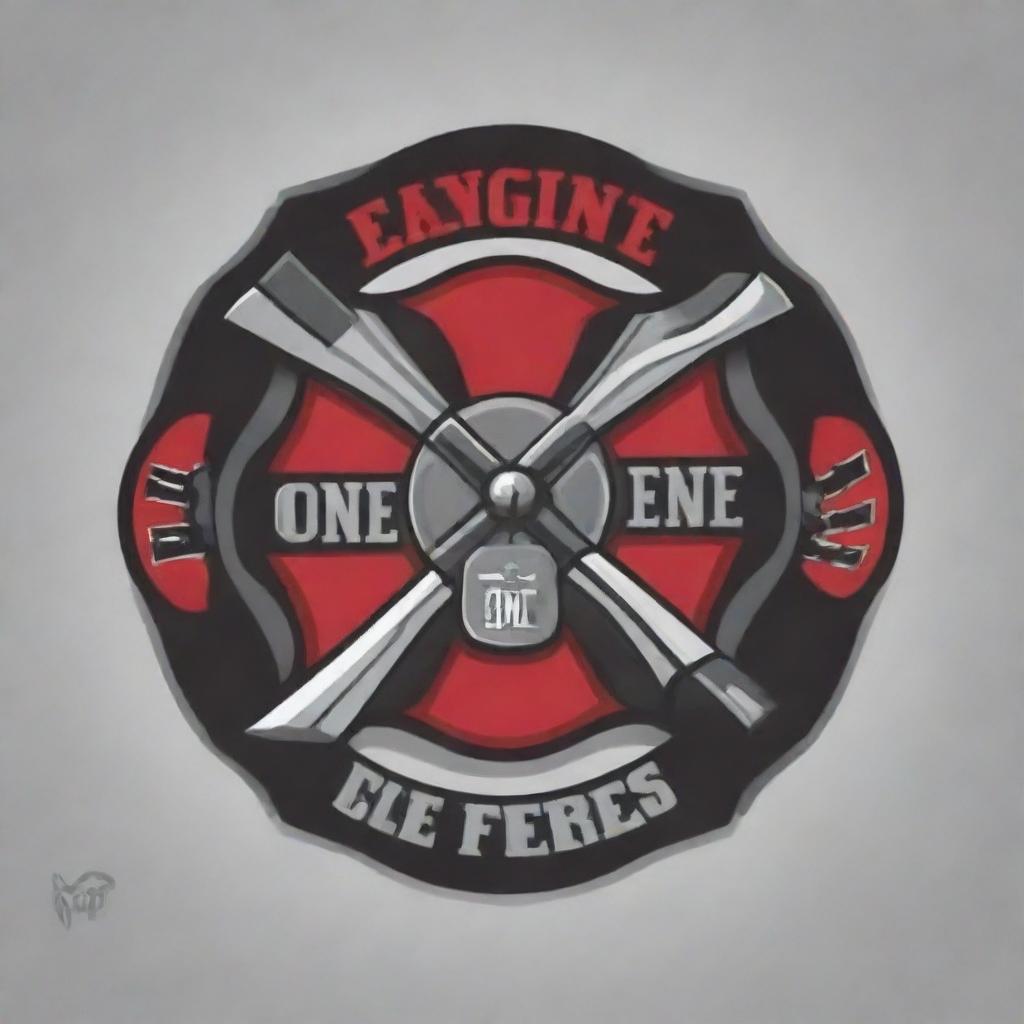 Create a logo named 'Engine One' featuring a Maltese cross design with a first responder or fire fighter theme. Integrate elements of axe throwing, an axe throwing target, and a pool ball. Use a color palette of red, black, and grey.