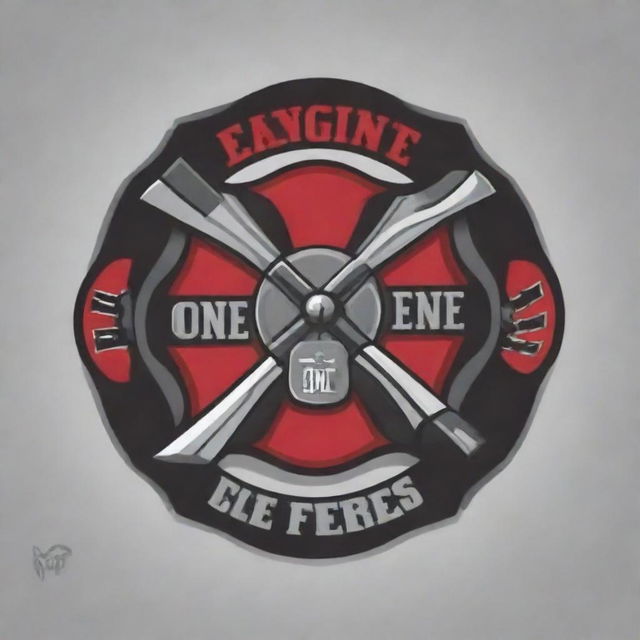 Create a logo named 'Engine One' featuring a Maltese cross design with a first responder or fire fighter theme. Integrate elements of axe throwing, an axe throwing target, and a pool ball. Use a color palette of red, black, and grey.