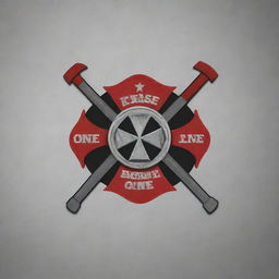 Create a logo named 'Engine One' featuring a Maltese cross design with a first responder or fire fighter theme. Integrate elements of axe throwing, an axe throwing target, and a pool ball. Use a color palette of red, black, and grey.