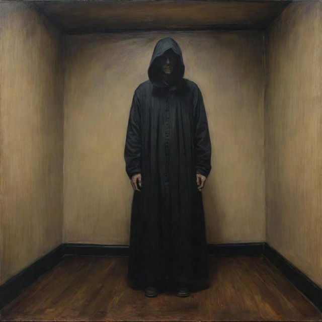 A mysterious, discomforting, and eerie painting that instills a sense of unease and fear.