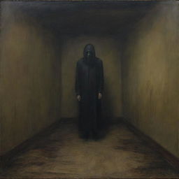 A mysterious, discomforting, and eerie painting that instills a sense of unease and fear.