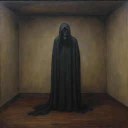 A mysterious, discomforting, and eerie painting that instills a sense of unease and fear.