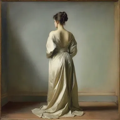 In the painting, the artist skillfully depicted the backside of a woman wearing a flowing dress.