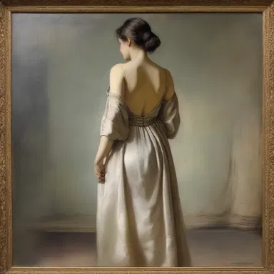 In the painting, the artist skillfully depicted the backside of a woman wearing a flowing dress.