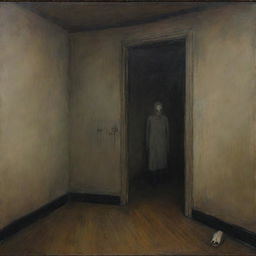 A mysterious, discomforting, and eerie painting that instills a sense of unease and fear.