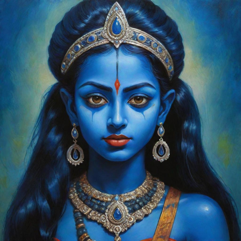 An endearing depiction of young Indian goddess Kali with her distinctive blue skin and elf-like pointy ears, combining elements of traditional spirituality and fantasy, set against a vibrant and mystical Indian backdrop.