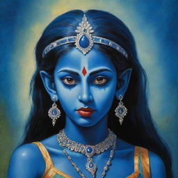 An endearing depiction of young Indian goddess Kali with her distinctive blue skin and elf-like pointy ears, combining elements of traditional spirituality and fantasy, set against a vibrant and mystical Indian backdrop.