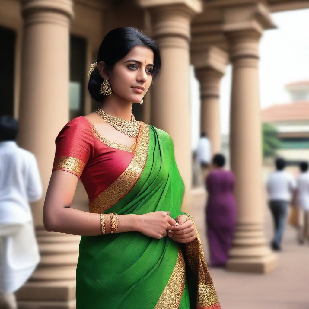 An attractive Indian woman in a traditional sari at the bank