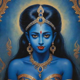 An endearing depiction of young Indian goddess Kali with her distinctive blue skin and elf-like pointy ears, combining elements of traditional spirituality and fantasy, set against a vibrant and mystical Indian backdrop.