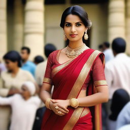 An attractive Indian woman in a traditional sari at the bank