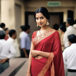 An attractive Indian woman in a traditional sari at the bank