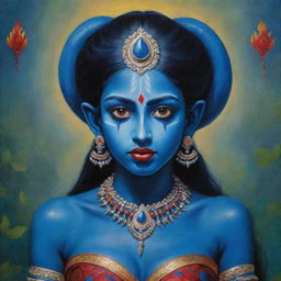 An endearing depiction of young Indian goddess Kali with her distinctive blue skin and elf-like pointy ears, combining elements of traditional spirituality and fantasy, set against a vibrant and mystical Indian backdrop.