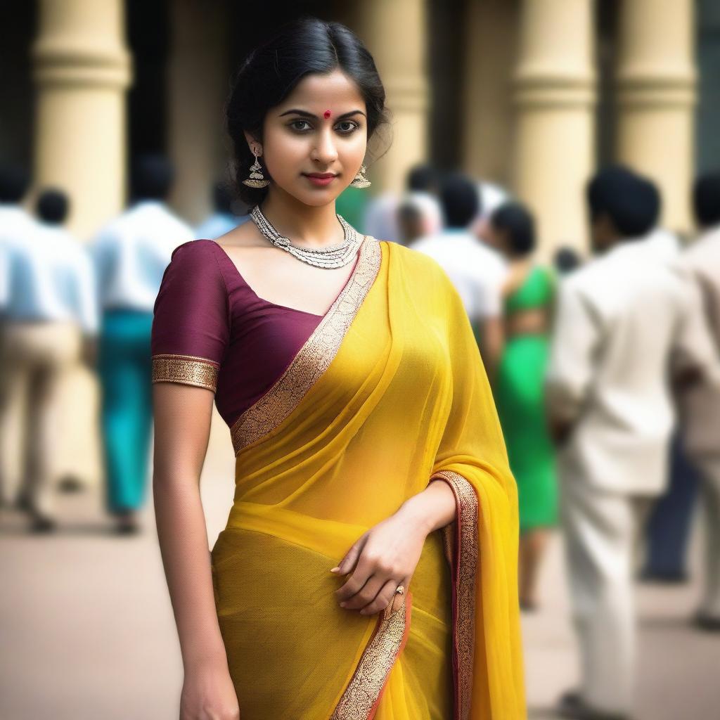 An attractive Indian woman in a stylish chiffon sari at the bank