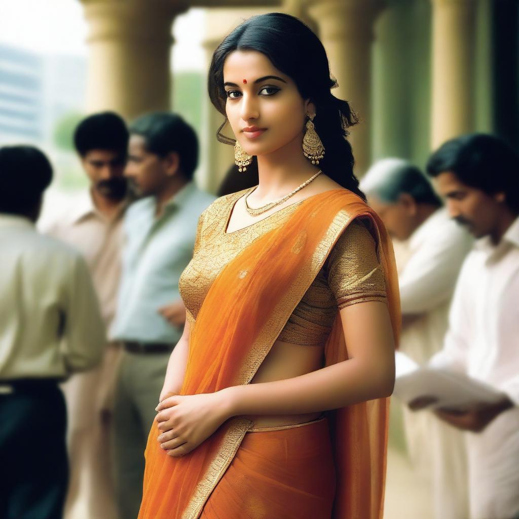 An attractive Indian woman in a stylish chiffon sari at the bank