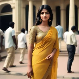 An attractive Indian woman in a stylish chiffon sari at the bank