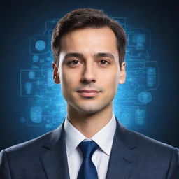 Generate a professional profile image portraying a serious male figure emphasizing AI services. Include symbols of artificial intelligence and illustrations representing expertise and professionalism.