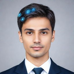 Generate a professional profile image portraying a serious male figure emphasizing AI services. Include symbols of artificial intelligence and illustrations representing expertise and professionalism.