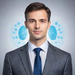 Generate a professional profile image portraying a serious male figure emphasizing AI services. Include symbols of artificial intelligence and illustrations representing expertise and professionalism.