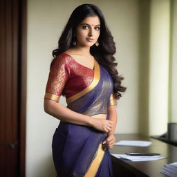 A curvaceous Indian woman in a stylish sari at an office