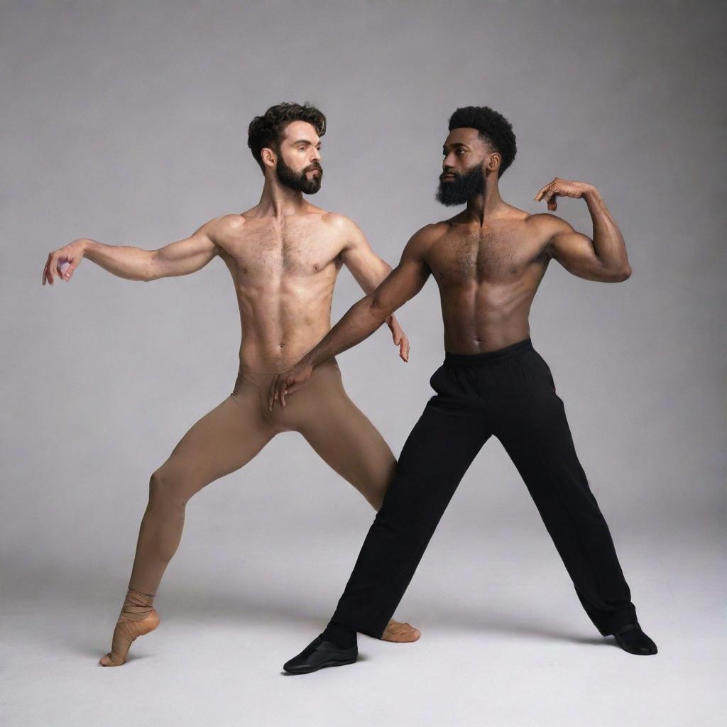 Two male dancers locked in an elegant pose, one with a dark complexion and a beard, the other with a tender soft look and lighter skin