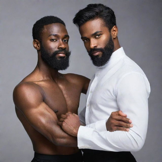 Two male dancers locked in an elegant pose, one with a dark complexion and a beard, the other with a tender soft look and lighter skin