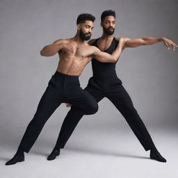 Two male dancers locked in an elegant pose, one with a dark complexion and a beard, the other with a tender soft look and lighter skin