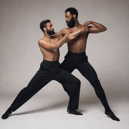 Two male dancers locked in an elegant pose, one with a dark complexion and a beard, the other with a tender soft look and lighter skin