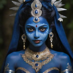 A captivating fusion of Indian goddess Kali as a young girl with midnight blue skin and elf characteristics like pointy ears, combining traditions and fantasy, set against an enchanting and mystical Indian nocturnal backdrop.