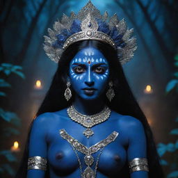 A captivating fusion of Indian goddess Kali as a young girl with midnight blue skin and elf characteristics like pointy ears, combining traditions and fantasy, set against an enchanting and mystical Indian nocturnal backdrop.