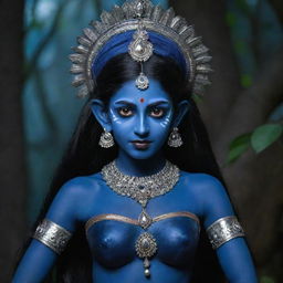 A captivating fusion of Indian goddess Kali as a young girl with midnight blue skin and elf characteristics like pointy ears, combining traditions and fantasy, set against an enchanting and mystical Indian nocturnal backdrop.