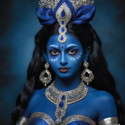 A captivating fusion of Indian goddess Kali as a young girl with midnight blue skin and elf characteristics like pointy ears, combining traditions and fantasy, set against an enchanting and mystical Indian nocturnal backdrop.