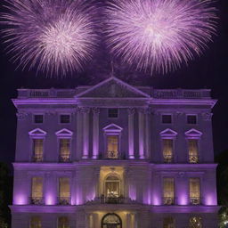 A large, elegant building painted in royal purple, brilliantly illuminated by a dazzling display of fireworks in the night sky.