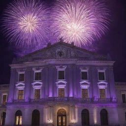 A large, elegant building painted in royal purple, brilliantly illuminated by a dazzling display of fireworks in the night sky.