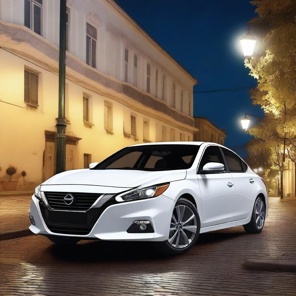 Generate an image of a white Nissan Altima 2017, parked under the glow of street lamps during the night