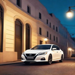 Generate an image of a white Nissan Altima 2017, parked under the glow of street lamps during the night