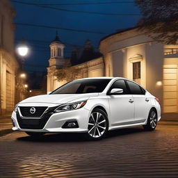 Generate an image of a white Nissan Altima 2017, parked under the glow of street lamps during the night