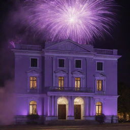 A large, elegant building painted in royal purple, brilliantly illuminated by a dazzling display of fireworks in the night sky.