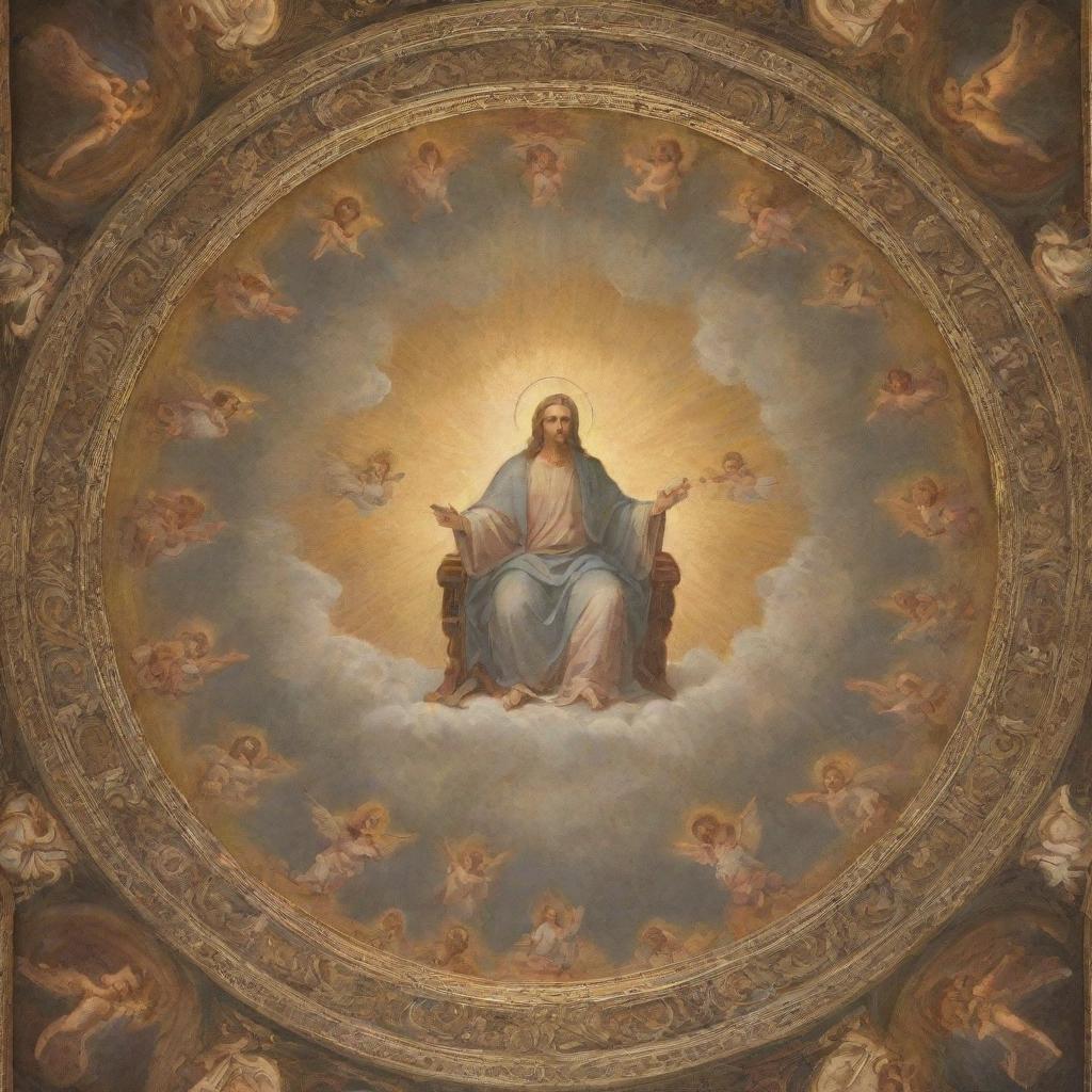 A serene interpretation of Heaven, where a divine representation of God, Jesus Christ and the Holy Spirit, are seated on their thrones, encircled by an assembly of cherubins and angels.