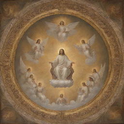 A serene interpretation of Heaven, where a divine representation of God, Jesus Christ and the Holy Spirit, are seated on their thrones, encircled by an assembly of cherubins and angels.