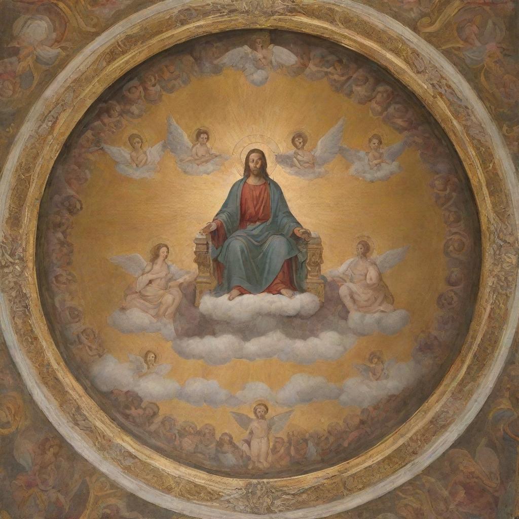 A serene interpretation of Heaven, where a divine representation of God, Jesus Christ and the Holy Spirit, are seated on their thrones, encircled by an assembly of cherubins and angels.