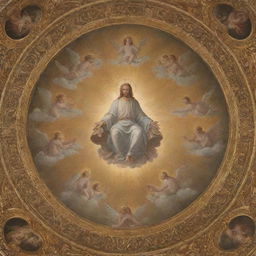 A serene interpretation of Heaven, where a divine representation of God, Jesus Christ and the Holy Spirit, are seated on their thrones, encircled by an assembly of cherubins and angels.