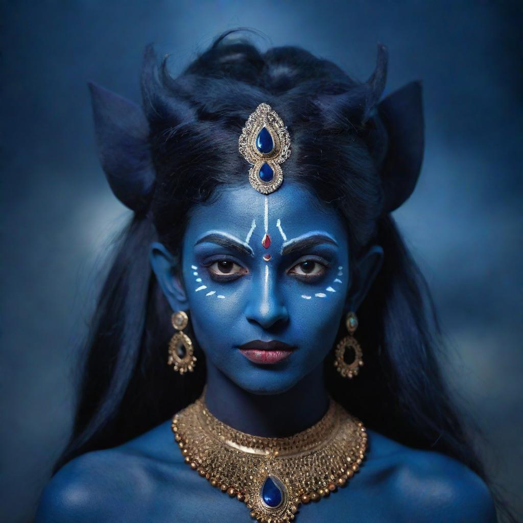 A mystical portrayal of young Indian goddess Kali with midnight blue skin and elf-like pointed ears, combining elements of traditional Indian culture and fantasy, set against an ethereal night sky backdrop.