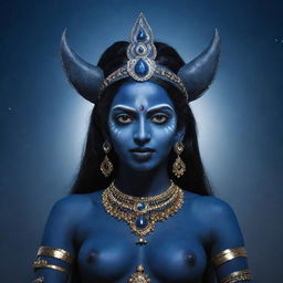 A mystical portrayal of young Indian goddess Kali with midnight blue skin and elf-like pointed ears, combining elements of traditional Indian culture and fantasy, set against an ethereal night sky backdrop.